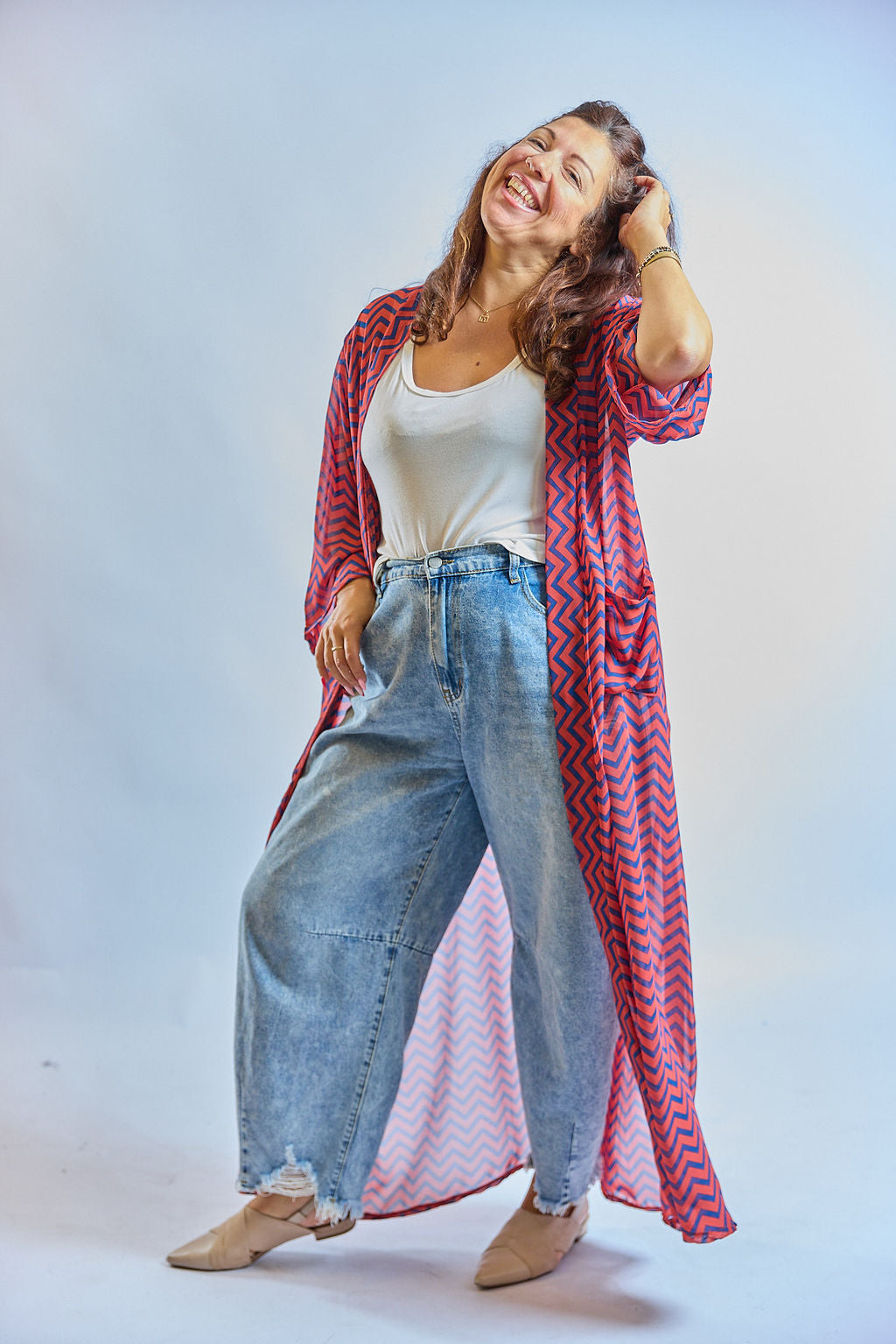 קימונו אבו אלי - אדום כחול זיגזג