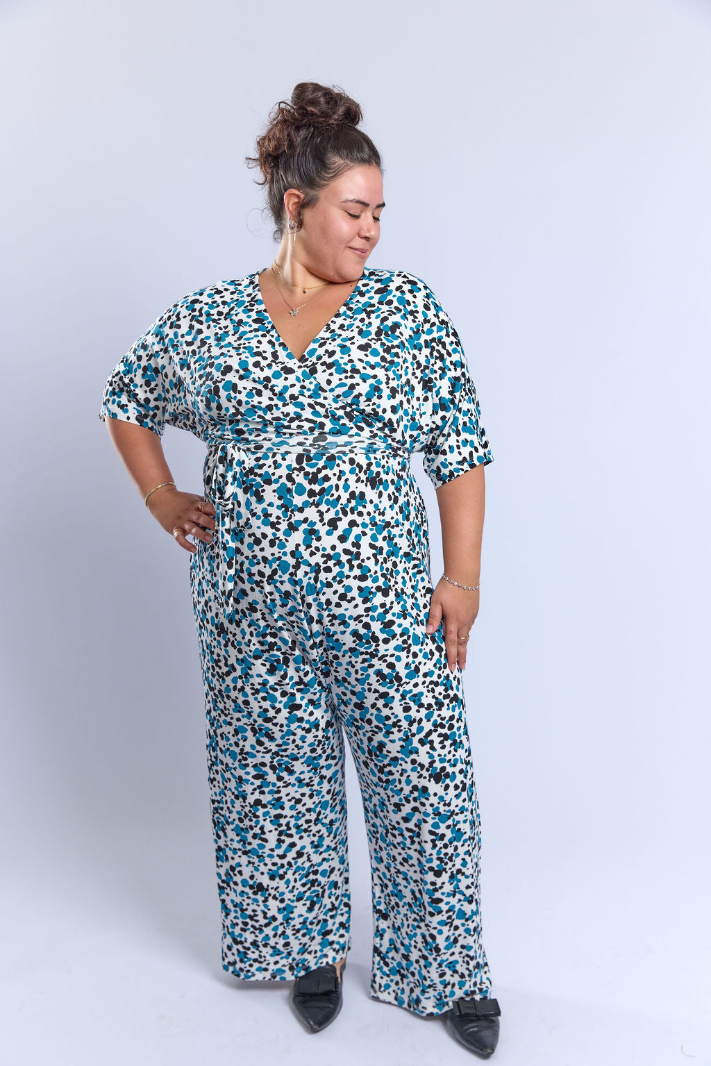 אוברול לני.- כחול טורקיז מנוקד