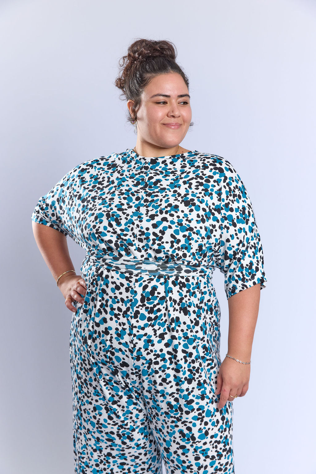 אוברול לני.- כחול טורקיז מנוקד