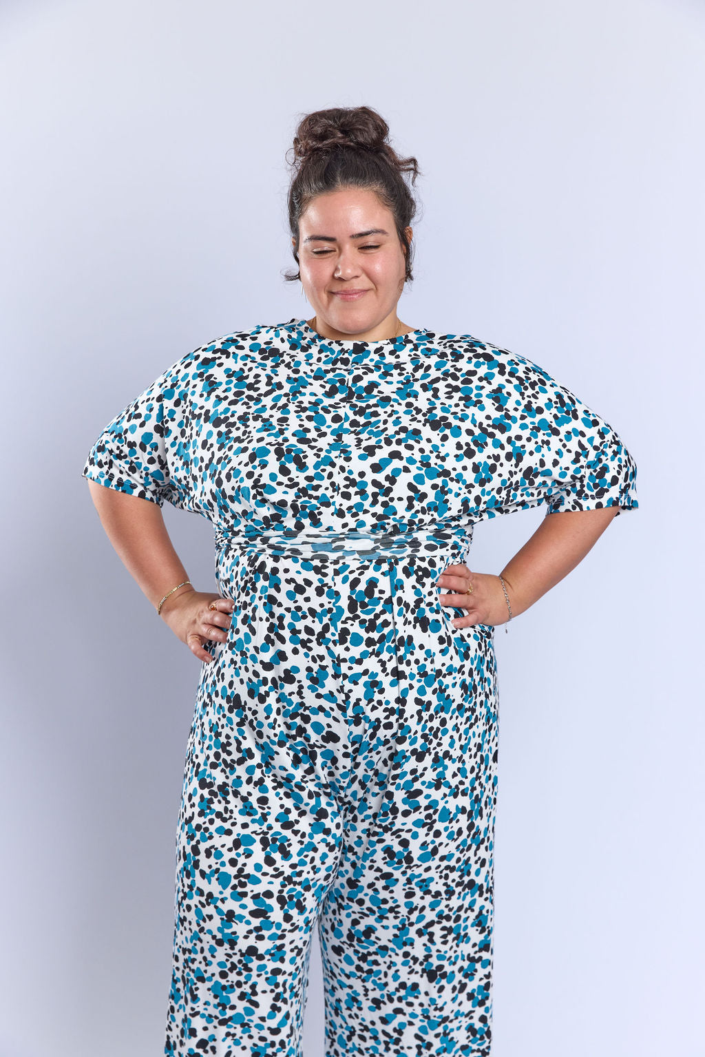 אוברול לני.- כחול טורקיז מנוקד