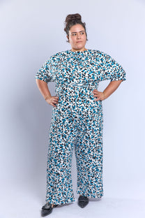 אוברול לני.- כחול טורקיז מנוקד