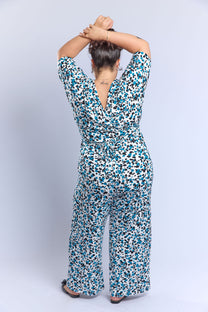 אוברול לני.- כחול טורקיז מנוקד