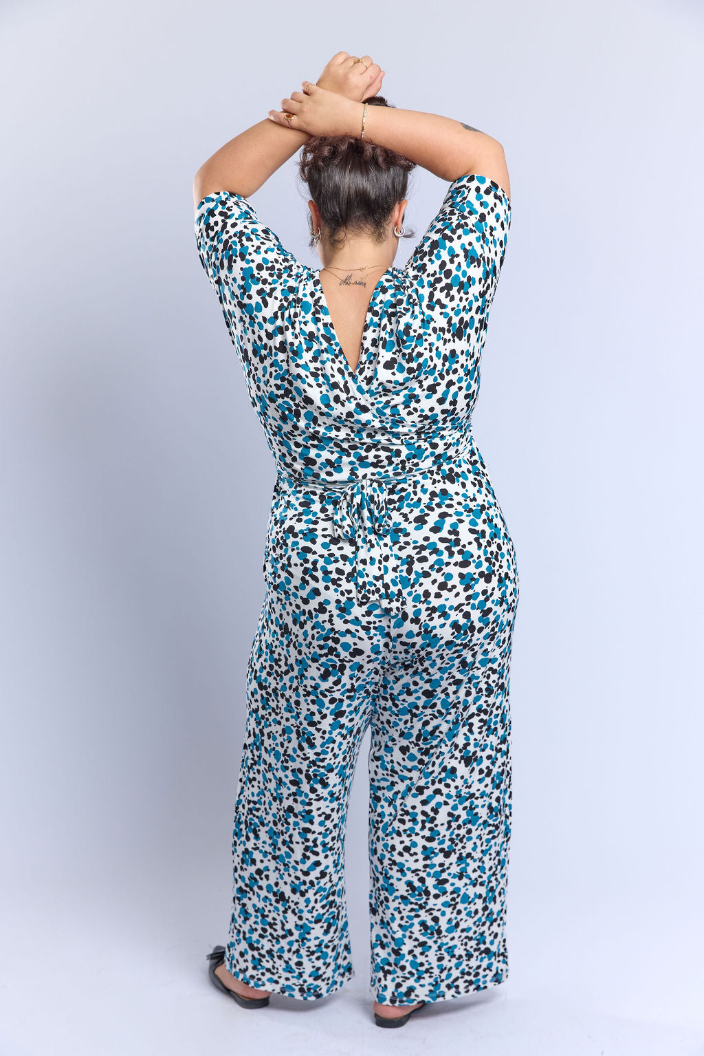 אוברול לני.- כחול טורקיז מנוקד