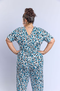 אוברול לני.- כחול טורקיז מנוקד