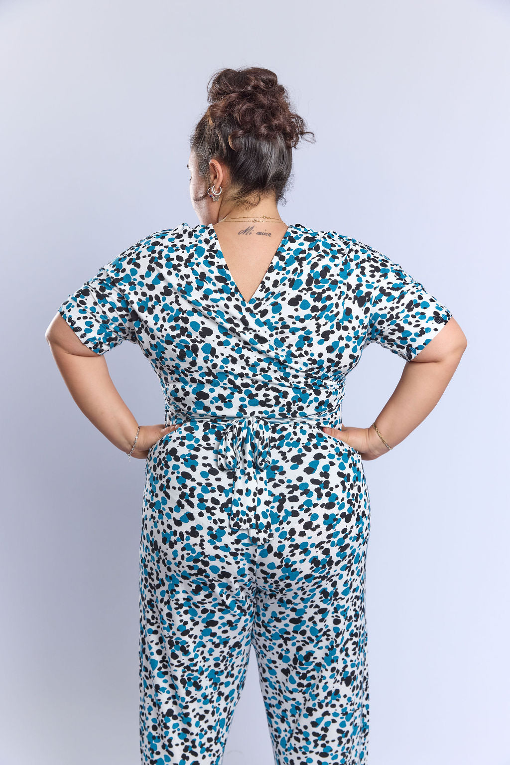 אוברול לני.- כחול טורקיז מנוקד