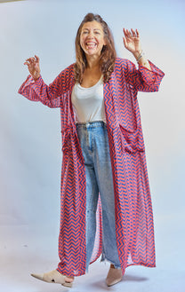 קימונו אבו אלי -  אדום כחול זיגזג