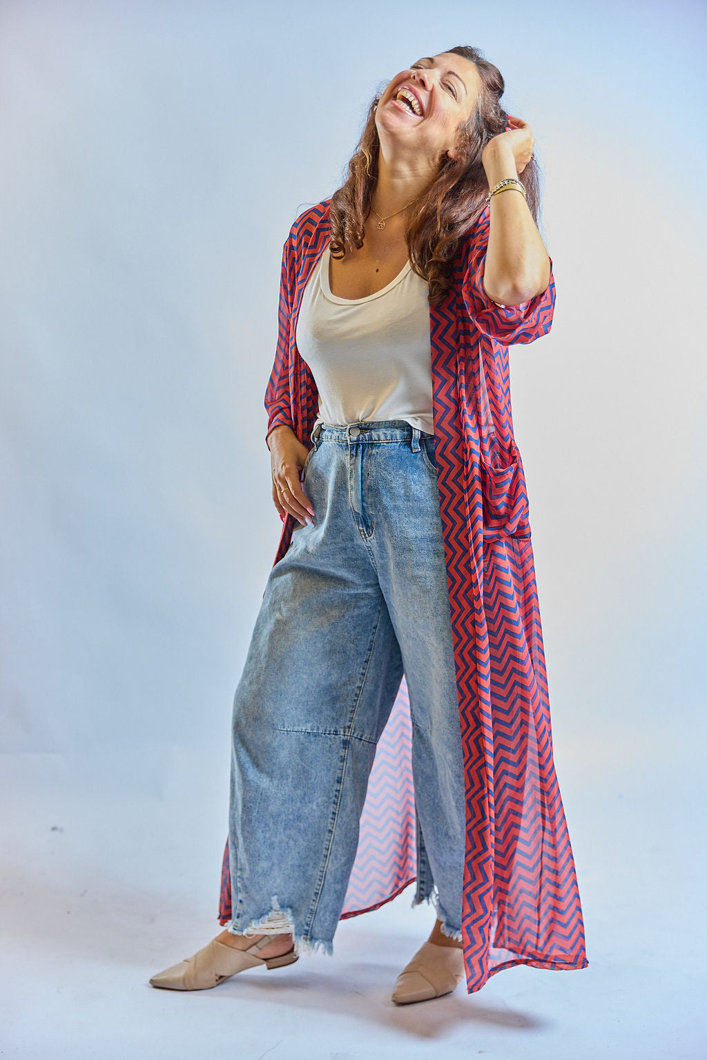 קימונו אבו אלי -  אדום כחול זיגזג