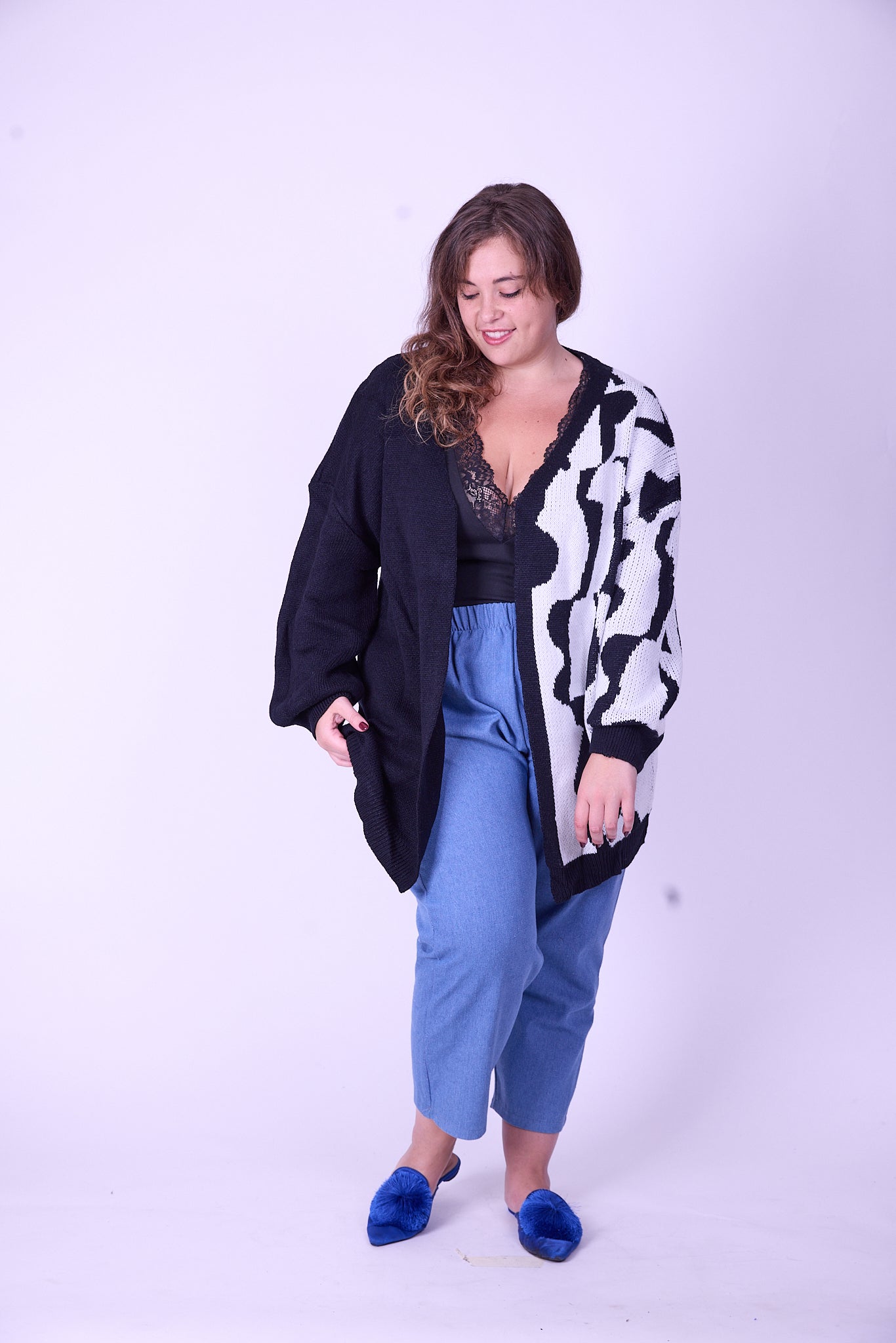 קרדיגן סריג- שחור לבן חצי חצי