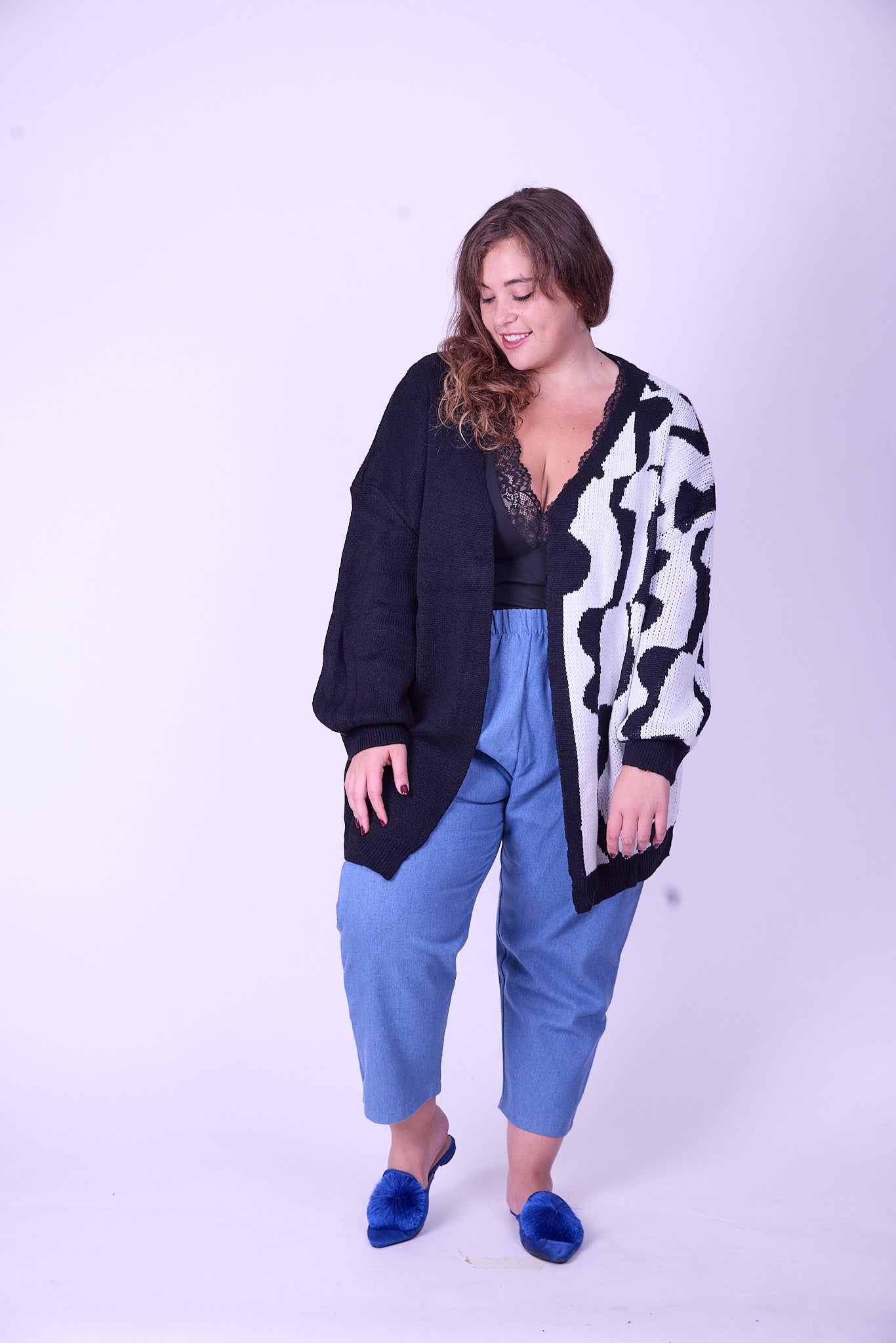 קרדיגן סריג- שחור לבן חצי חצי