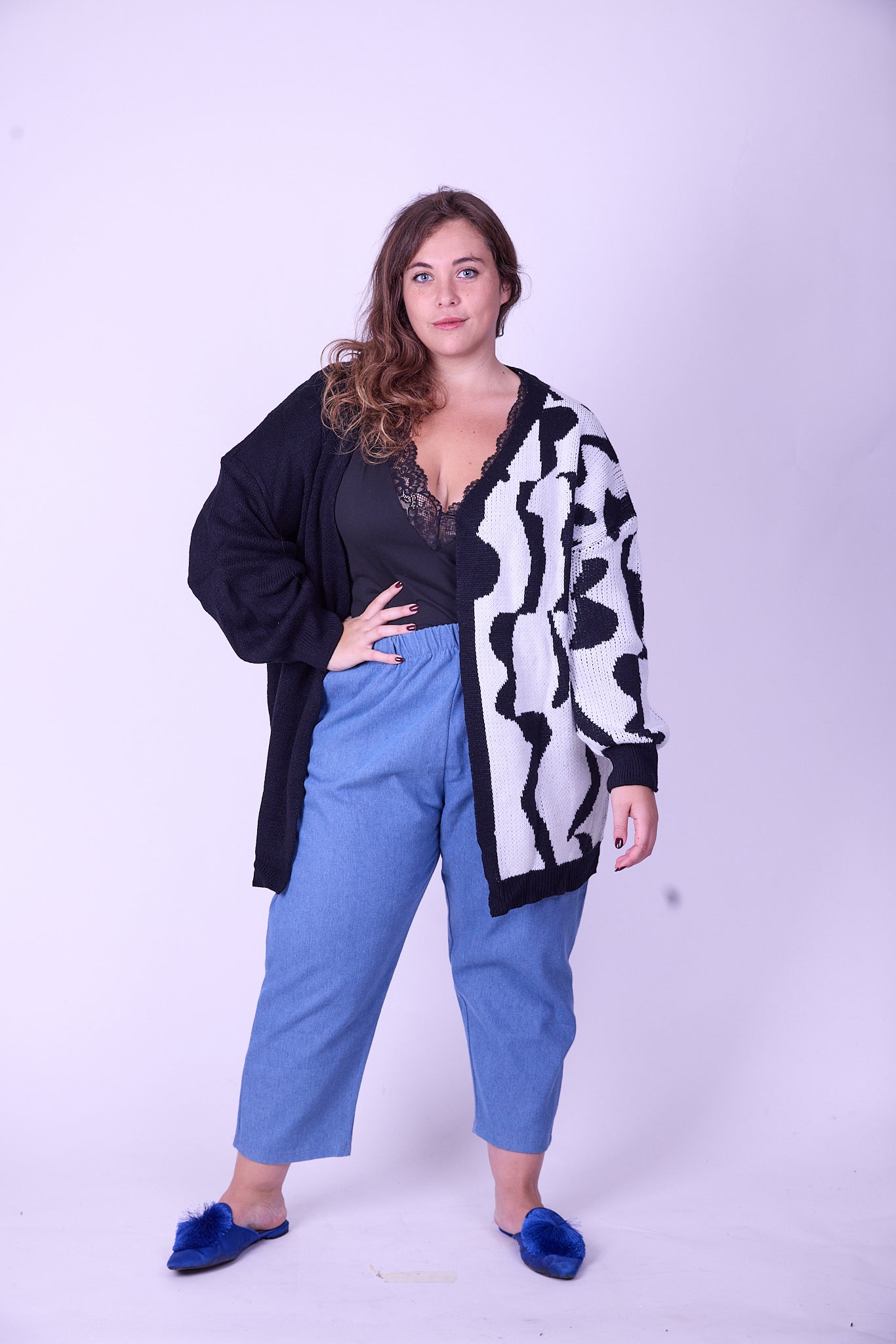 קרדיגן סריג- שחור לבן חצי חצי