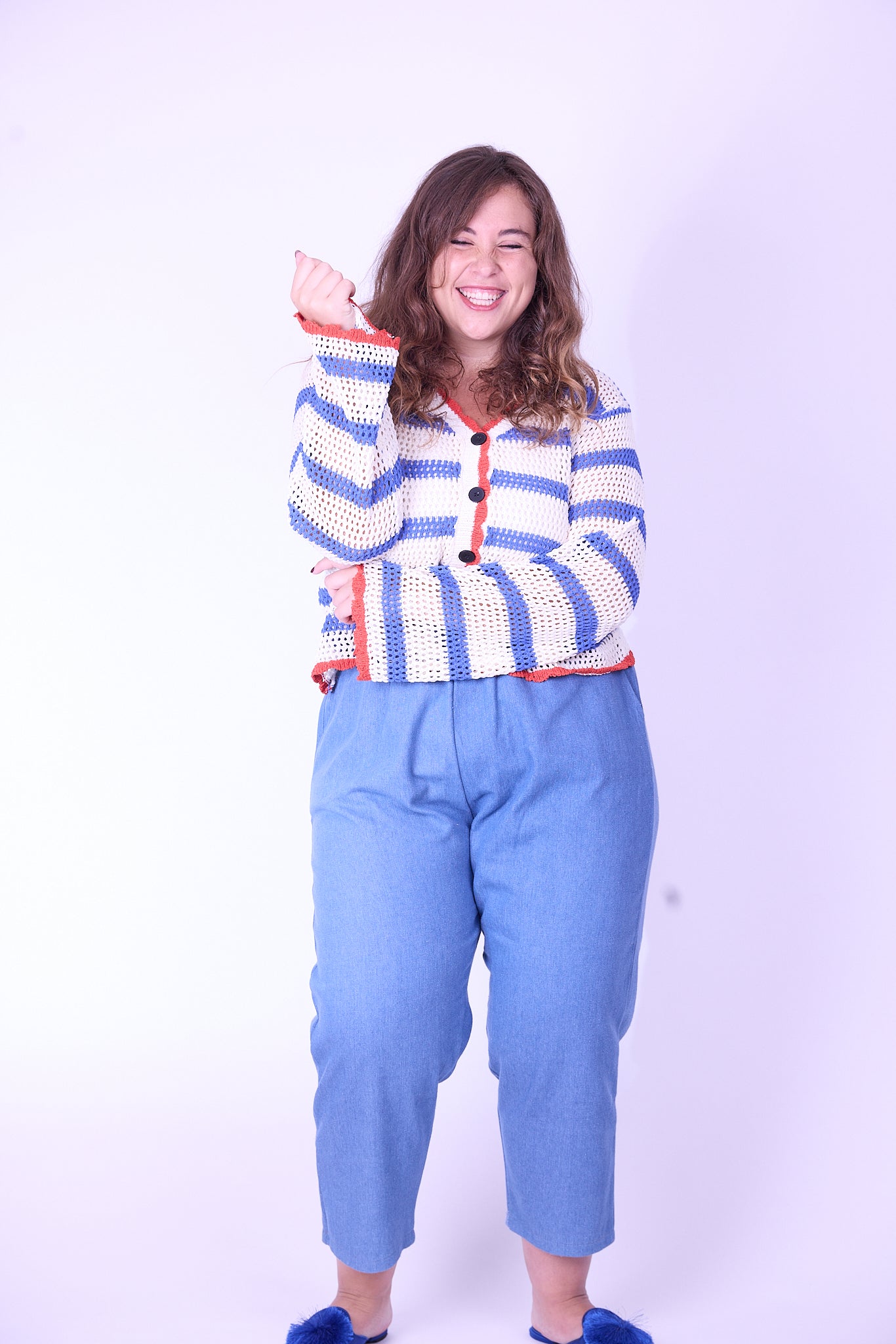 קרדיגן סריג- פסים אדום כחול