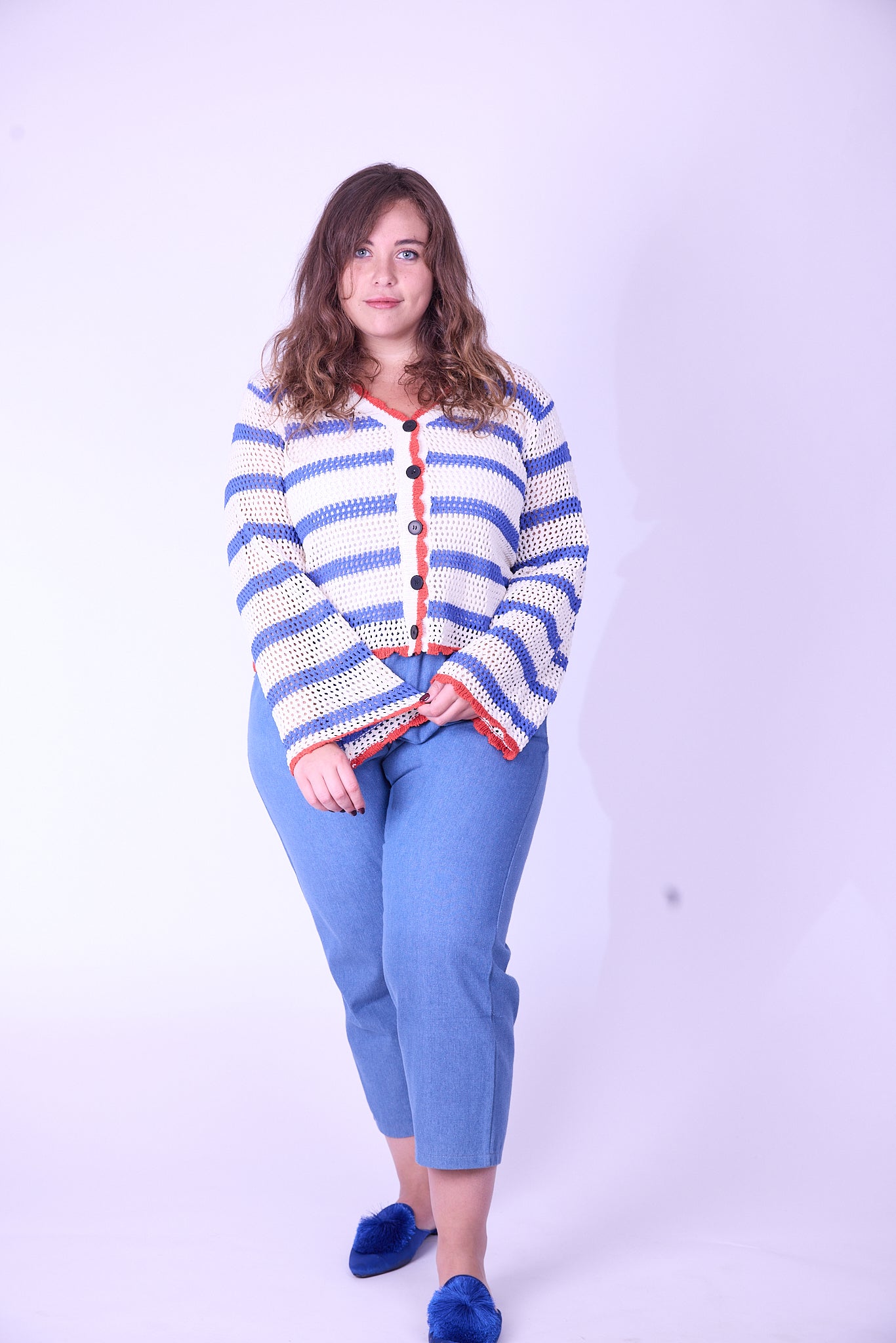 קרדיגן סריג- פסים אדום כחול