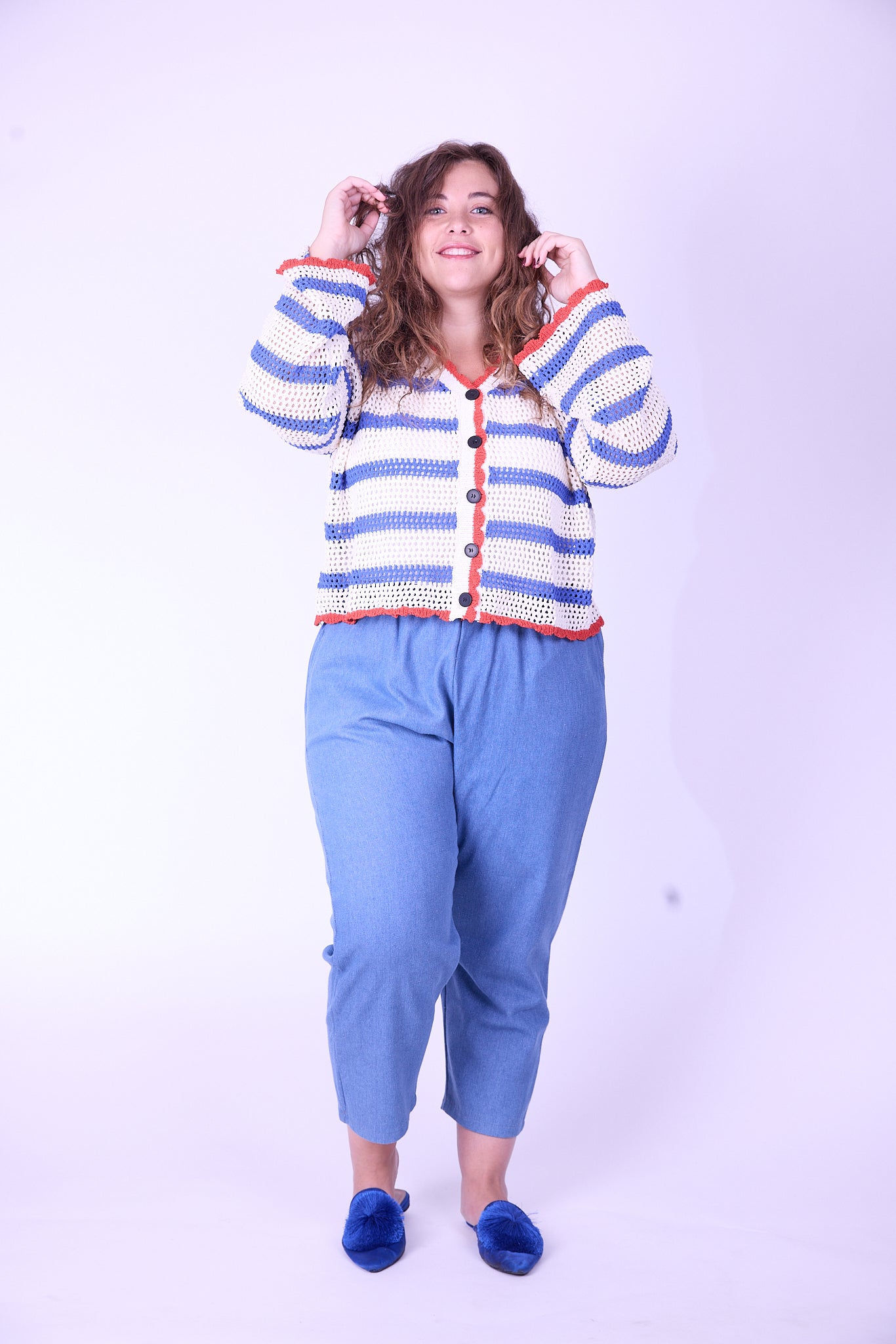 קרדיגן סריג- פסים אדום כחול