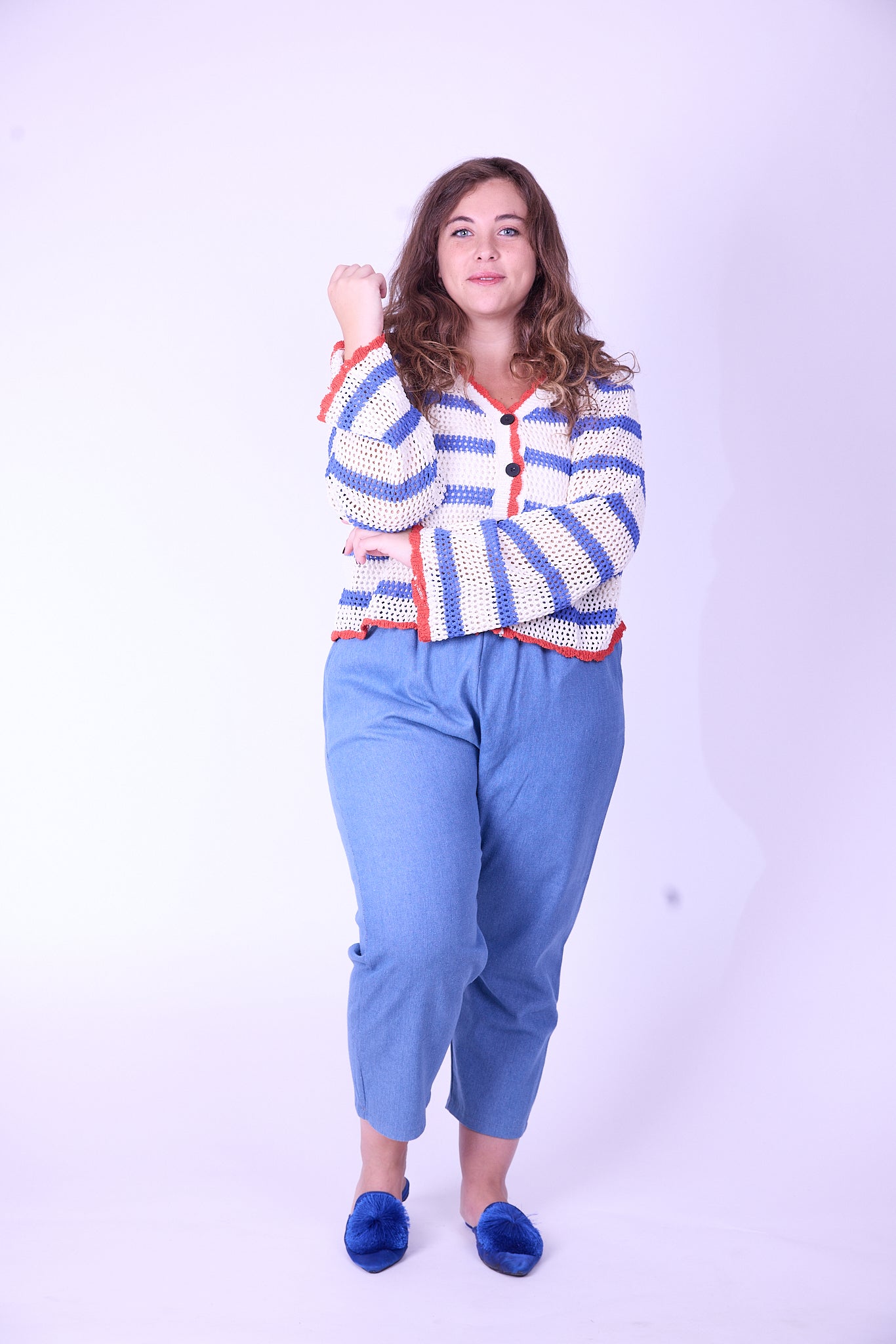 קרדיגן סריג- פסים אדום כחול