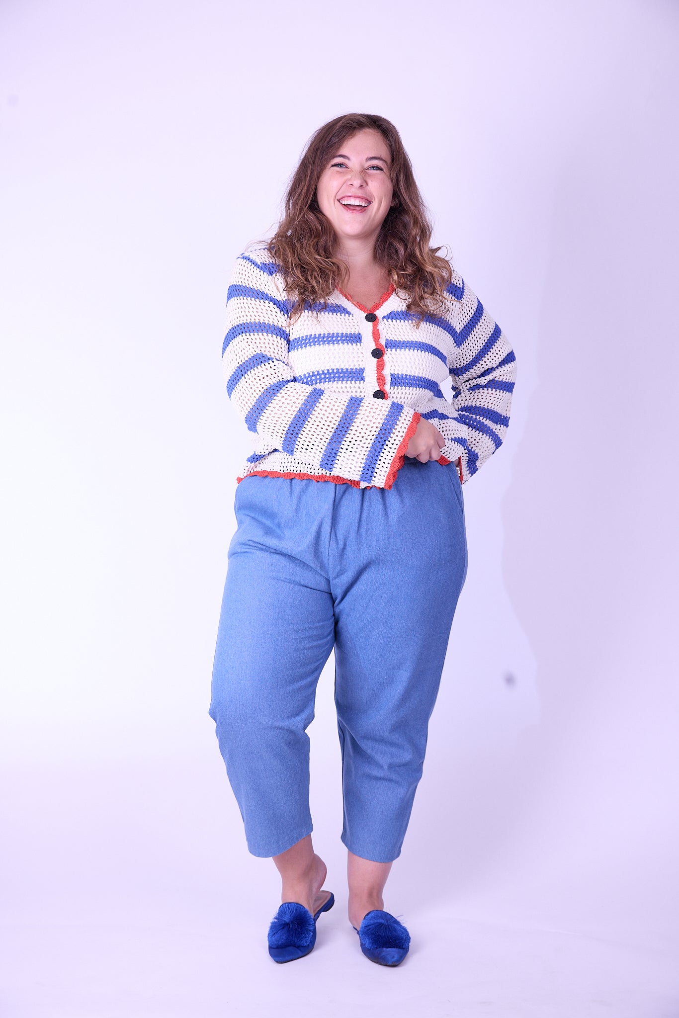 קרדיגן סריג- פסים אדום כחול