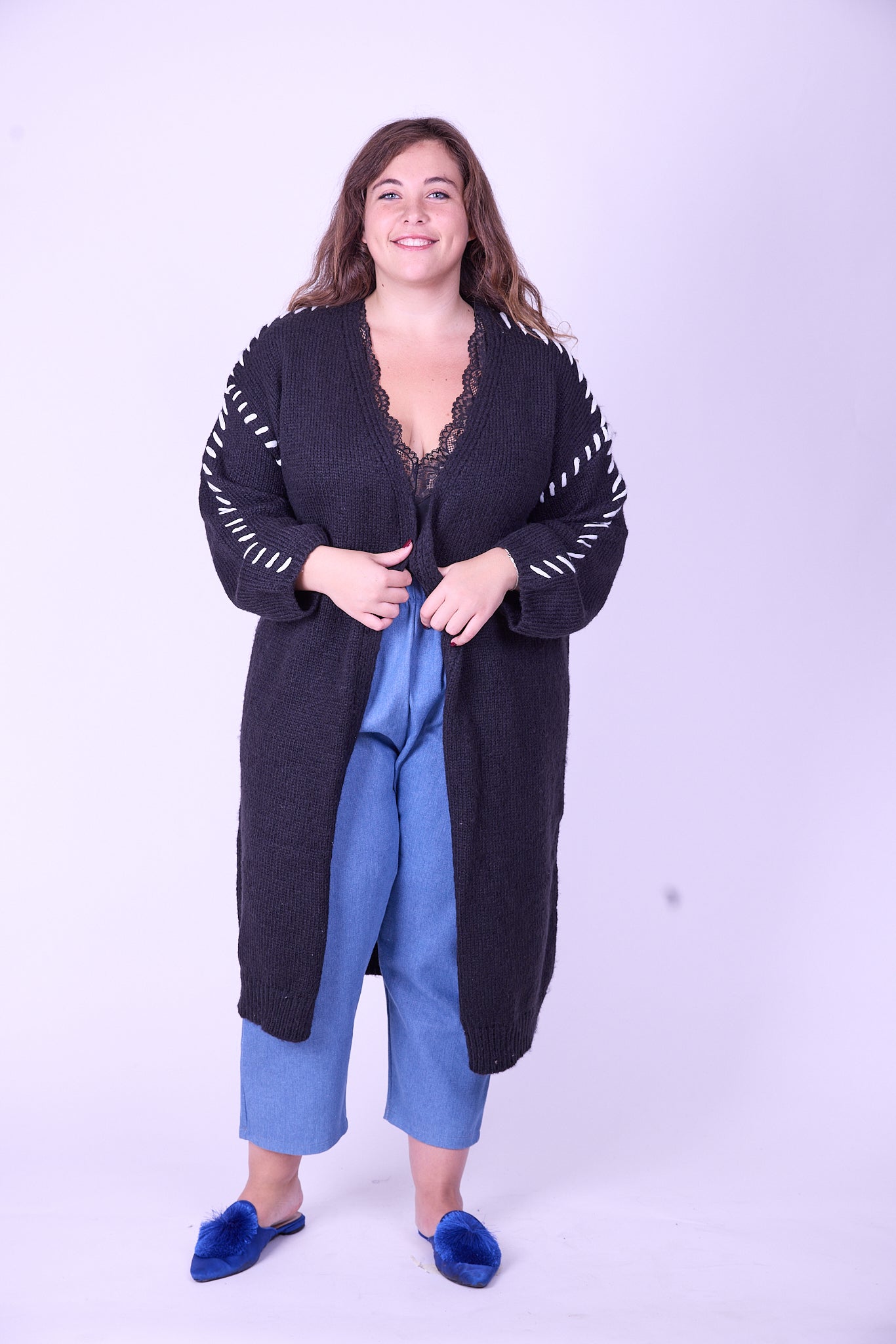 קרדיגן לורי - שחור צמה לבן