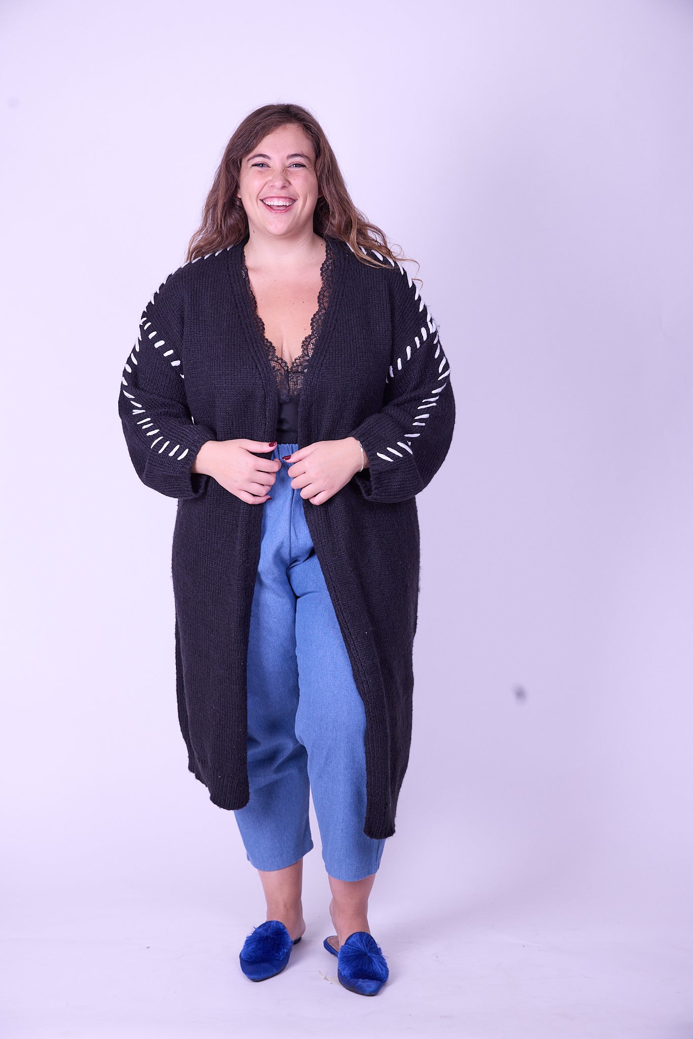 קרדיגן לורי - שחור צמה לבן