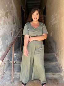 מכנסי מולי - ירוק זית לייקרה תחרה
