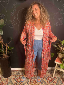 קימונו אבו אלי - אדום פרחוני