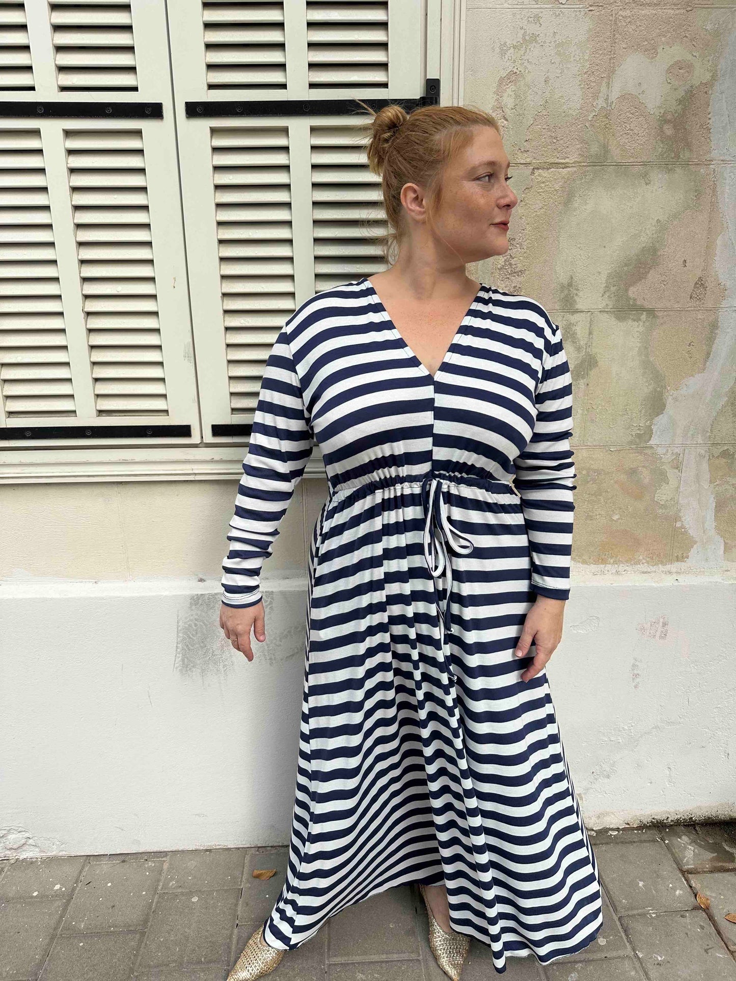 שמלת אני נינה ארוך - פסים כחול לבן