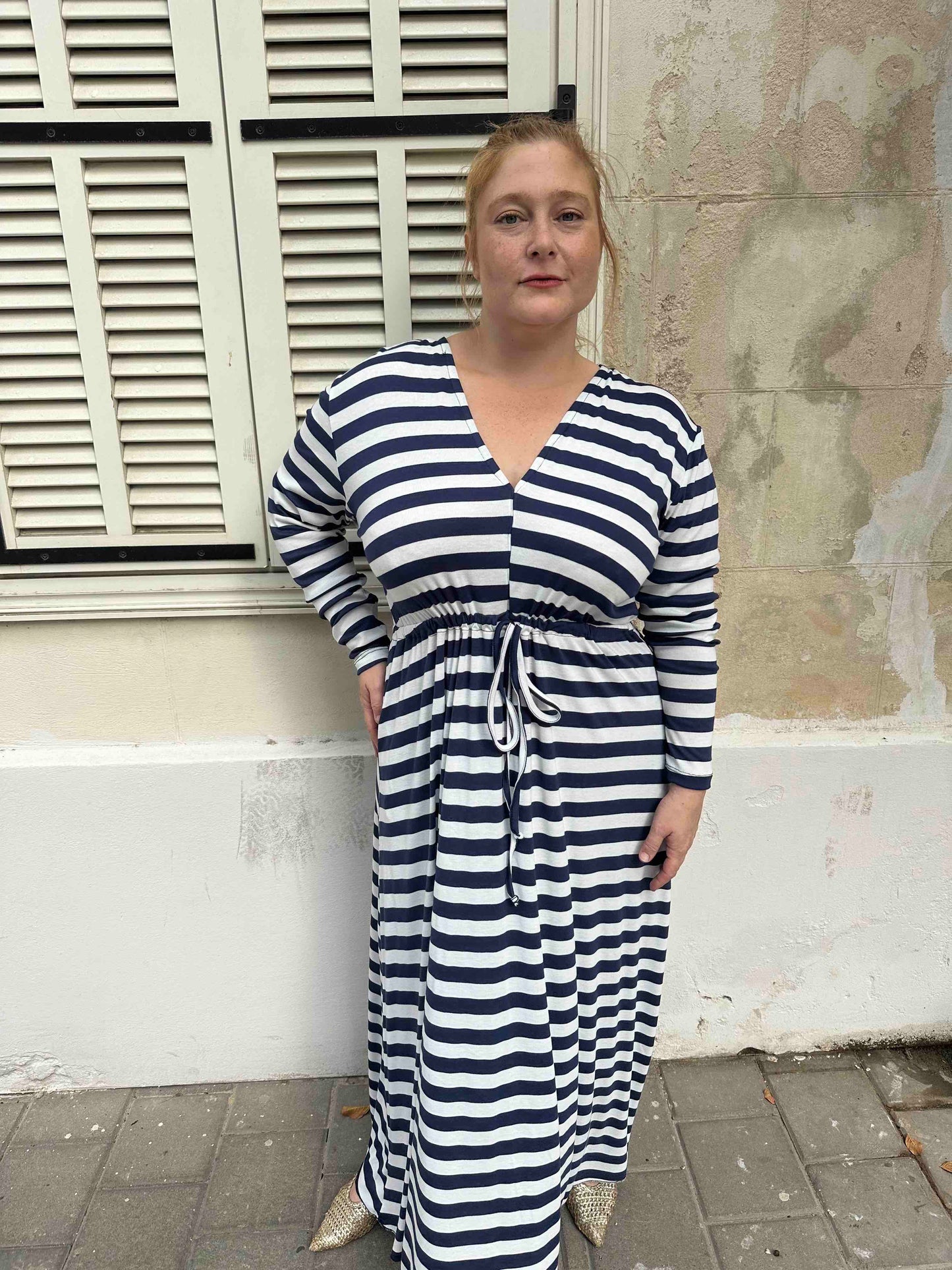 שמלת אני נינה ארוך - פסים כחול לבן