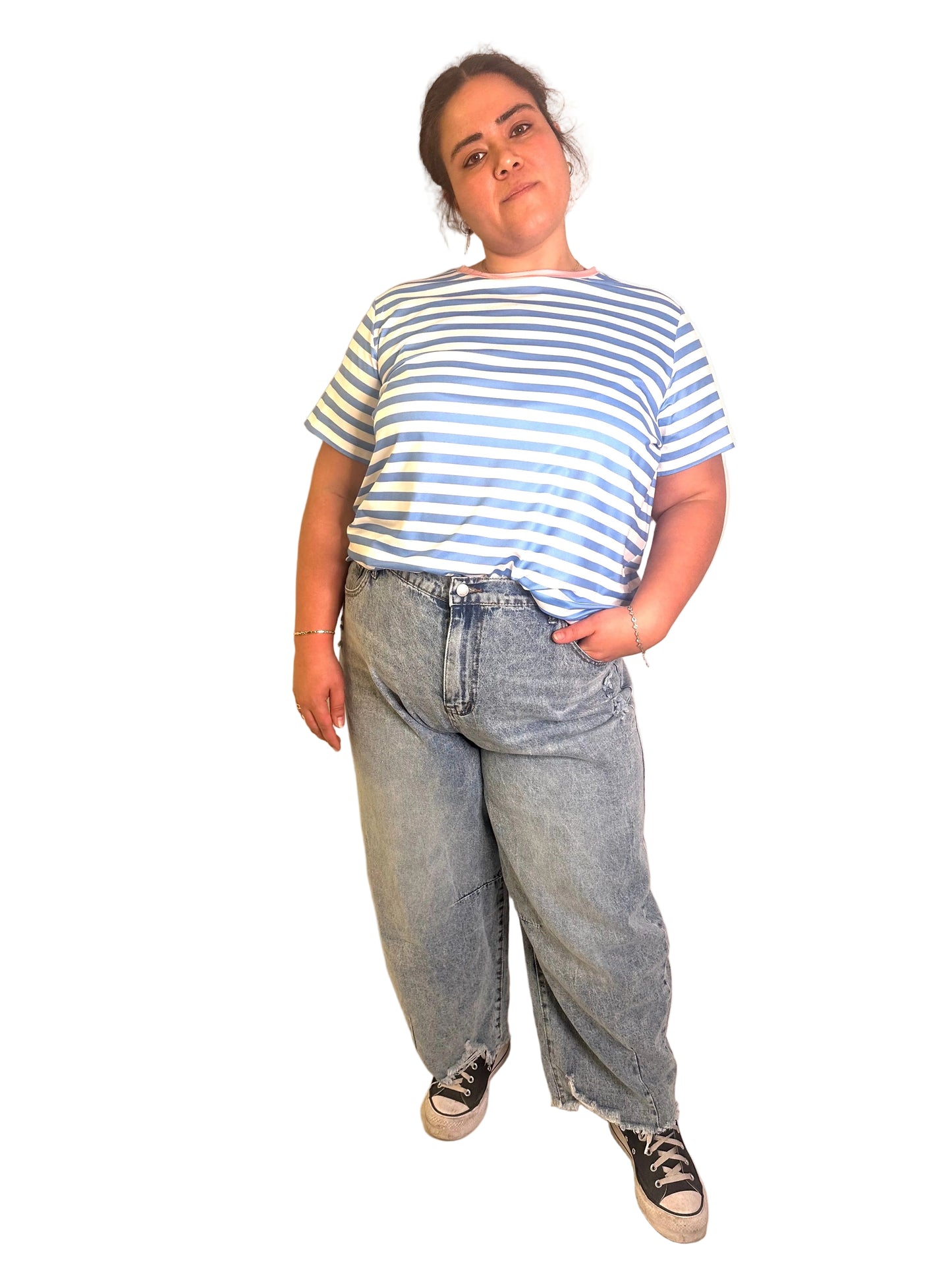 טישירט ירדה מהפסים - תכלת ורוד לבן