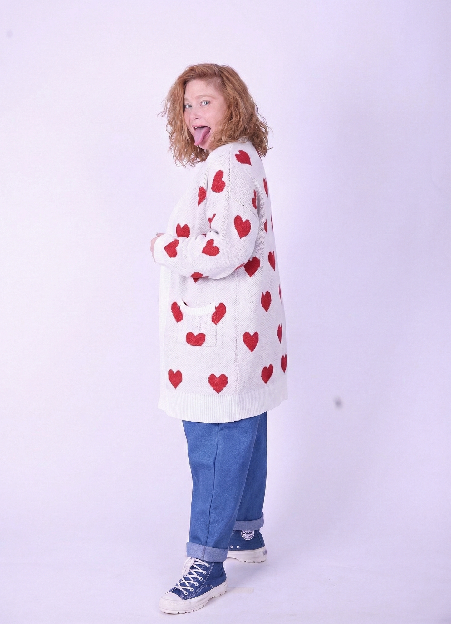 קרדיגן סריג- לבן לב אדום