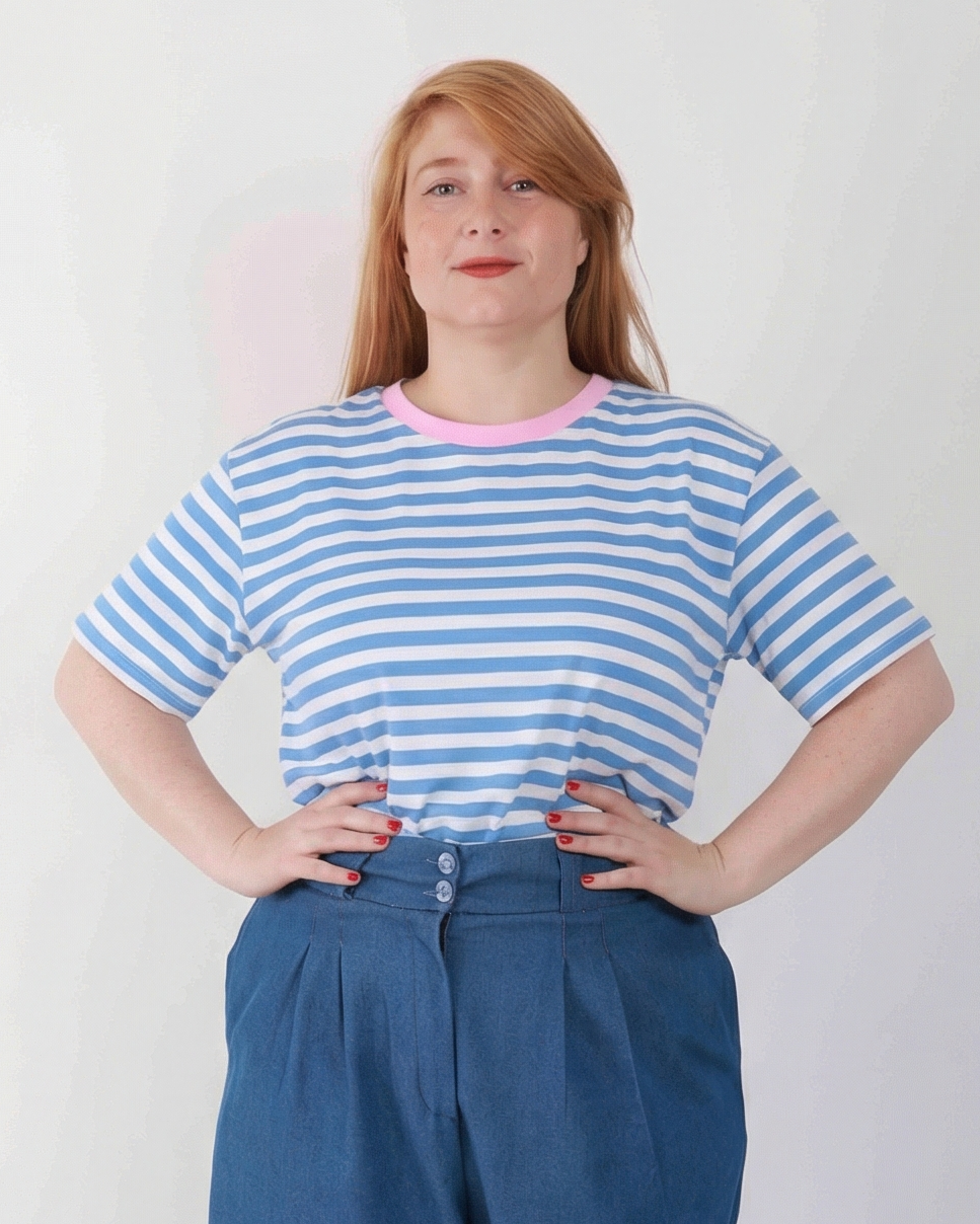 טישירט ירדה מהפסים - תכלת ורוד לבן