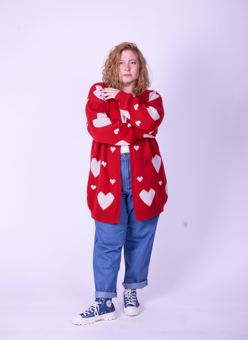 קרדיגן סריג- לבבות אדום לבן