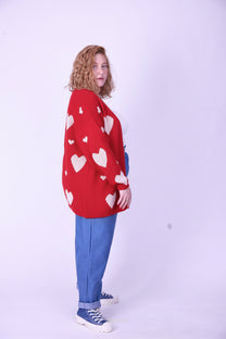 קרדיגן סריג- לבבות אדום לבן
