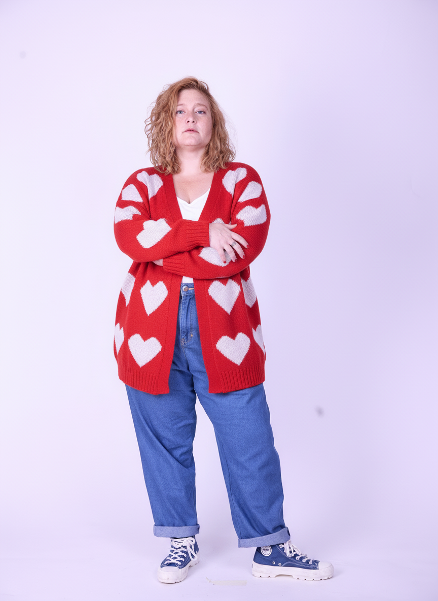 קרדיגן סריג- לבבות אדום לבן