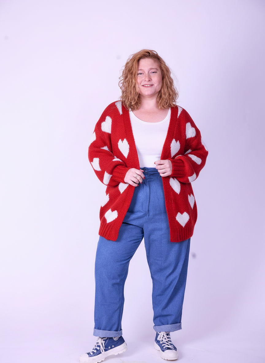 קרדיגן סריג- לבבות אדום לבן